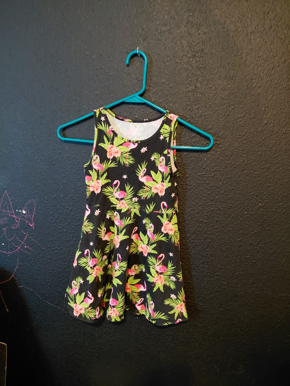 Place Black Tank Top Dress with Pink Flamingo & Green Leaf Print